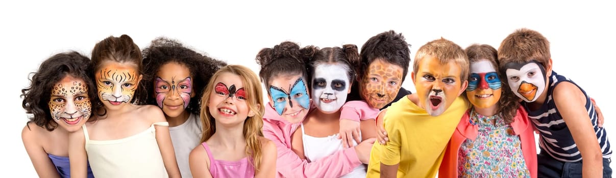 Children's group with animal face-paint isolated in white