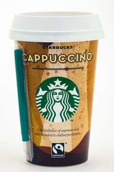 HUETTENBERG ,GERMANY,19 JULY 2018: A Cup of Starbucks beverage Cappuccino on white background