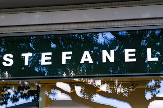 Wiesbaden, Germany - June 03 2018: STEFANEL logo on a window. Company signboard Stefanel.