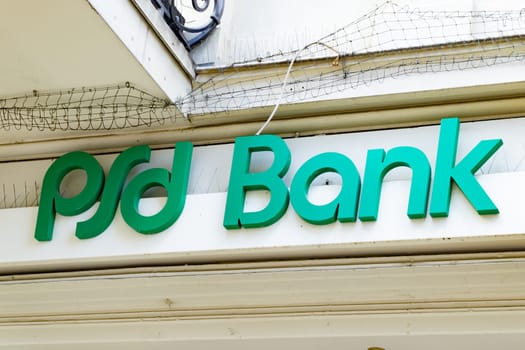 Wiesbaden, Germany - June 03 2018: PSD BANK logo on a facade. PSD banking group consists 14 autonomous and independent financial instutions in Germany.