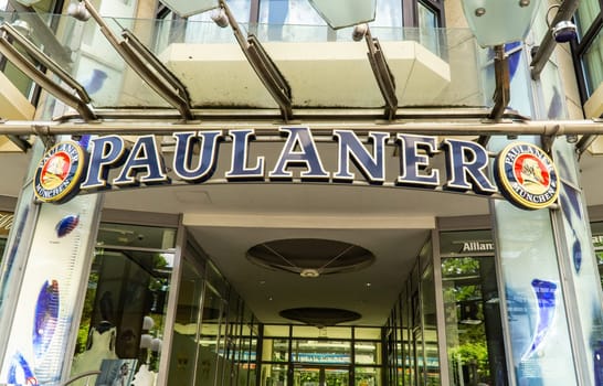 Wiesbaden, Germany - June 03 2018: PAULANER BEER logo on a entrance. Paulaner Bier is one of the symbols and main beers of Munich and Bavaria
