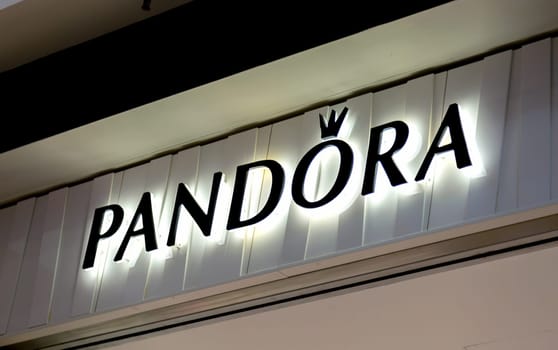 WETZLAR, GERMANY August 29 2017: Logo of a Pandora on a bag. Pandora is a company founded at 1982 that designs manufactures and markets jewelry.