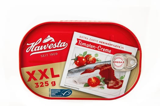 HUETTENBERG, GERMANY OKTOBER 20, 2018 : German famous Herring Delicatessen in Tomatoes Sauce made by HAWESTA Feinkost GmbH & Co. KG in Luebeck, Germany