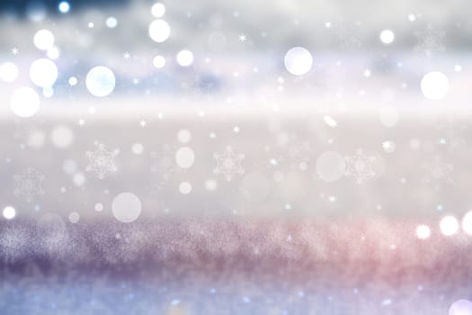 Abstract blurred festive winter christmas or Happy New Year background with shiny white bokeh lighted snow landscape. Space for your design. Card concept.