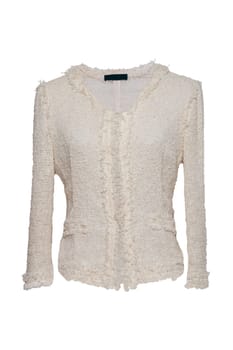 Woman clothes sweater on white. Female beige luxurious knitted wool coat sweater of front site isolated on a white background.