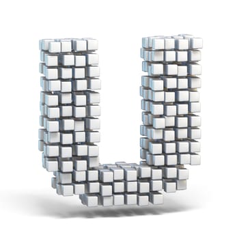 White voxel cubes font Letter U 3D render illustration isolated on white background