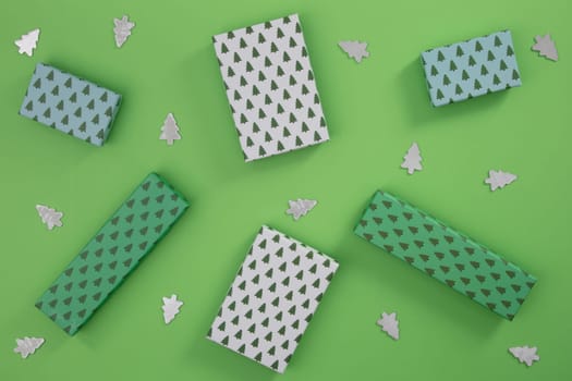 Christmas gift box view from above on green carton