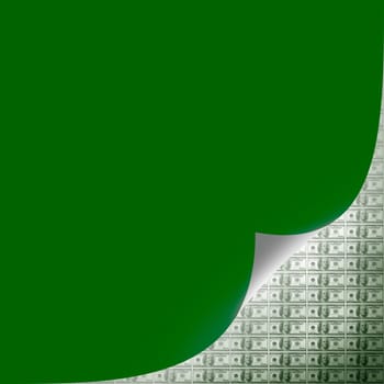 Conceptual finance image of green empty page curl over one hundred dollar bills of US currency in a row