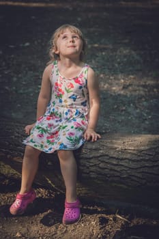 Cute Caucasian girl posing on a tree trunk in a forest in summer