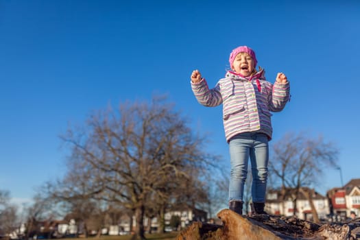 Cute little girl shouting from joy while standing on the top of large cut tree log in the park in spring