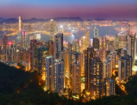 Hong Kong skyline at sunset. View from Victoria peak