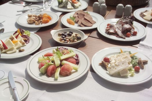 close up variety of meal arrangement on Turkish breakfast table