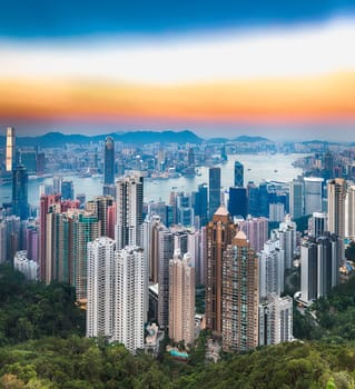 Hong Kong skyline at sunset. View from Victoria peak