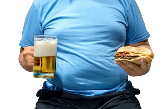 Fat man holding mug with beer and hamburger on his hand isolated over white background. Fat man diet concept
