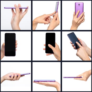 Collage with smartphone and woman hand