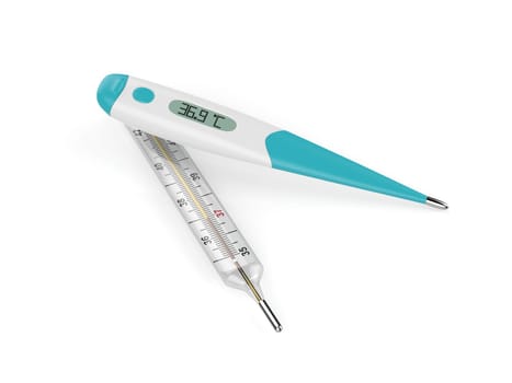 Electronic and mercury medical thermometers on white background
