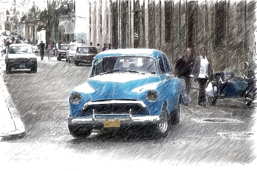 An image of the old american classic car along the street in Havana, Cuba