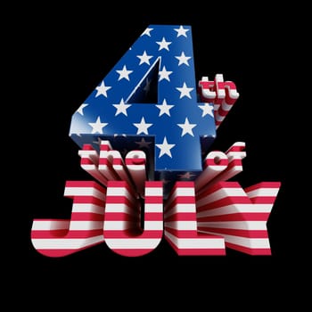 "The 4th of July"" cool 3d text render (isolated on black)"
