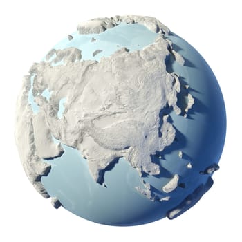 winter earth isolated on white background. 3d render. continent of asia. elements of this image furnished by nasa