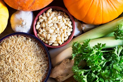Brown rice and pine nuts other ingredients, healthy eating still life