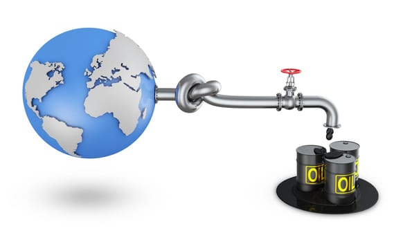 The globe with an oil pipe from which oil flows on barrels. 3d render