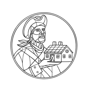 Mosaic style illustration of an American patriot holding up a residential house or home set inside circle on isolated background in Black and White.