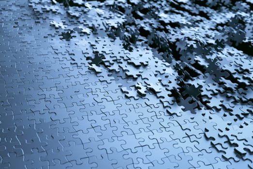 3D illustration abstract background. Image of puzzle pieces in chrome gray metal.