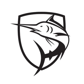 Retro style illustration of a blue marlin, billfish or sailfish jumping up set inside crest or shield on isolated background in black and white.