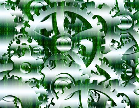 Gears with binary code. 3D rendering