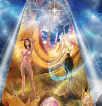 Fantasy Landscape. Sexy girl, man with light bulbs and all seeing eye