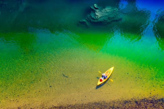 The valley of the Tarn river and canoe kayak in the canyon, Occitanie, France