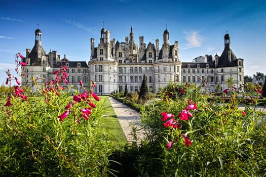 Chateau de Chambord, panoramic view of the Northwest facade of the largest royal Renaissance french castle in Loire Valley, France