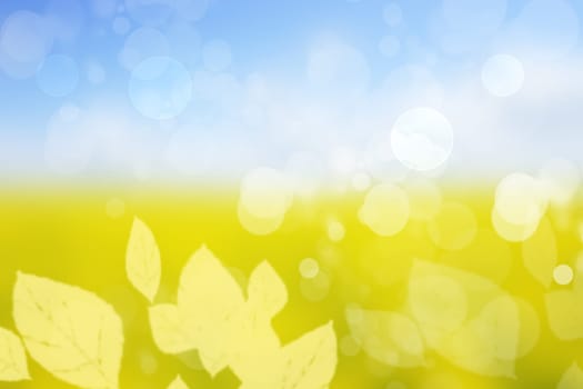 Autumn background. Abstract festive autumn gradient yellow blue bright background texture with leaves and bokeh circles. Space.