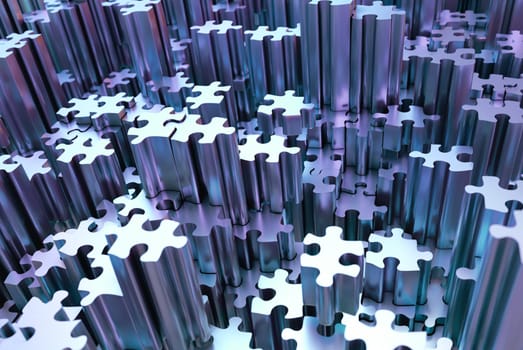 3D illustration abstract background. Image of puzzle pieces in chrome gray metal.
