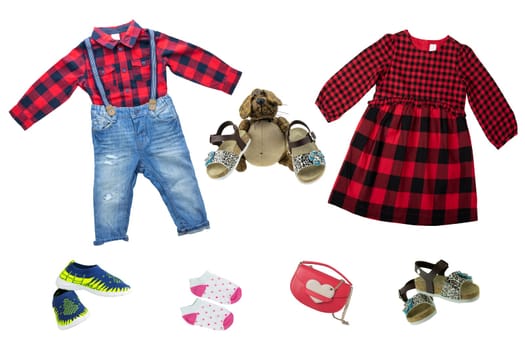 Collage set of children clothes. Collection of spring and autumn clothes isolated on a white background. Close up.