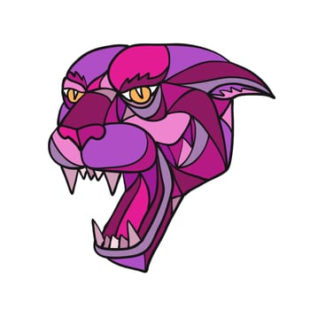 Mosaic low polygon style illustration of head of an angry and aggressive jaguar, black panther or cougar growling on isolated white background in color.