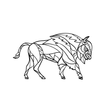 Mosaic style illustration of an American bison or American buffalo, the North American species of bison vewed from side  on isolated background in  black and white.
