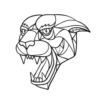 Mosaic low polygon style illustration of head of an aggressive and angry black panther, jaguar or cougar growling on isolated white background in Black and White.