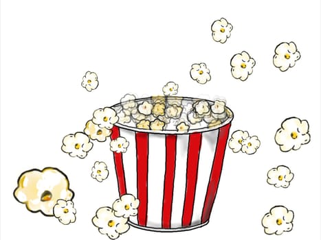 2d Animation motion graphics showing a drawing of a popcorn in red and white stripe bucket popping on white background.