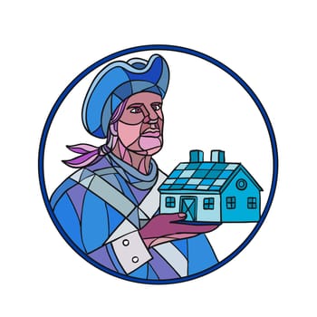Mosaic style illustration of an American patriot holding up a residential house or home set inside circle on isolated background in color.
