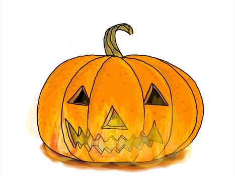 Illustration graphics showing drawing of a jack-o'-lantern, a carved pumpkin lantern, associated with the holiday of Halloween, on fire flickering on white background.