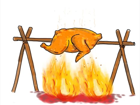Illustration graphics showing a drawing of a chicken on stick or rod being roasted or barbecued on open fire flames  on white background.