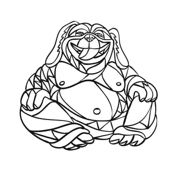 Mosaic low polygon style illustration of a laughing dog Buddha sitting viewed from front on isolated white background in Black and White.