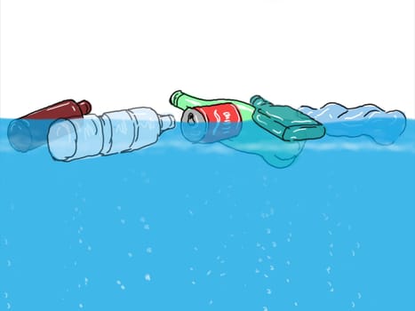 Illustration graphics showing a drawing of plastic bottles, cans, containers, trash or rubbish floating in sea water or ocean on white background.