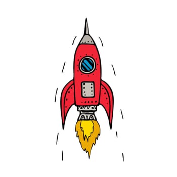 Drawing sketch style illustration of a vintage rocket ship blasting off on isolated white background.