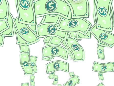 Illustration graphics showing a drawing of  American US dollar notes or bills falling down on white background.