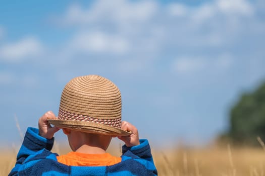 Little boy wearing straw hat standing in front of a yellow grass field