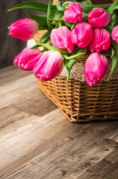 Beautiful bouquet from pink tulips  on a table