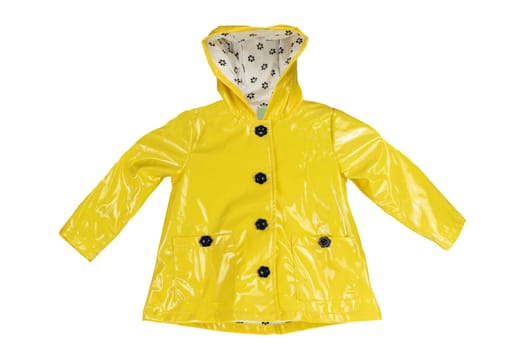 Rain jacket. Girls elegant yellow rain jacket isolated on a white background. Fashion for rain season.