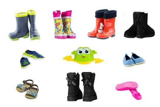 Collage set of children shoes and boots. Collection of seasonable children shoes and rubber boots isolated on a white background. Close up. Shoes fashion.